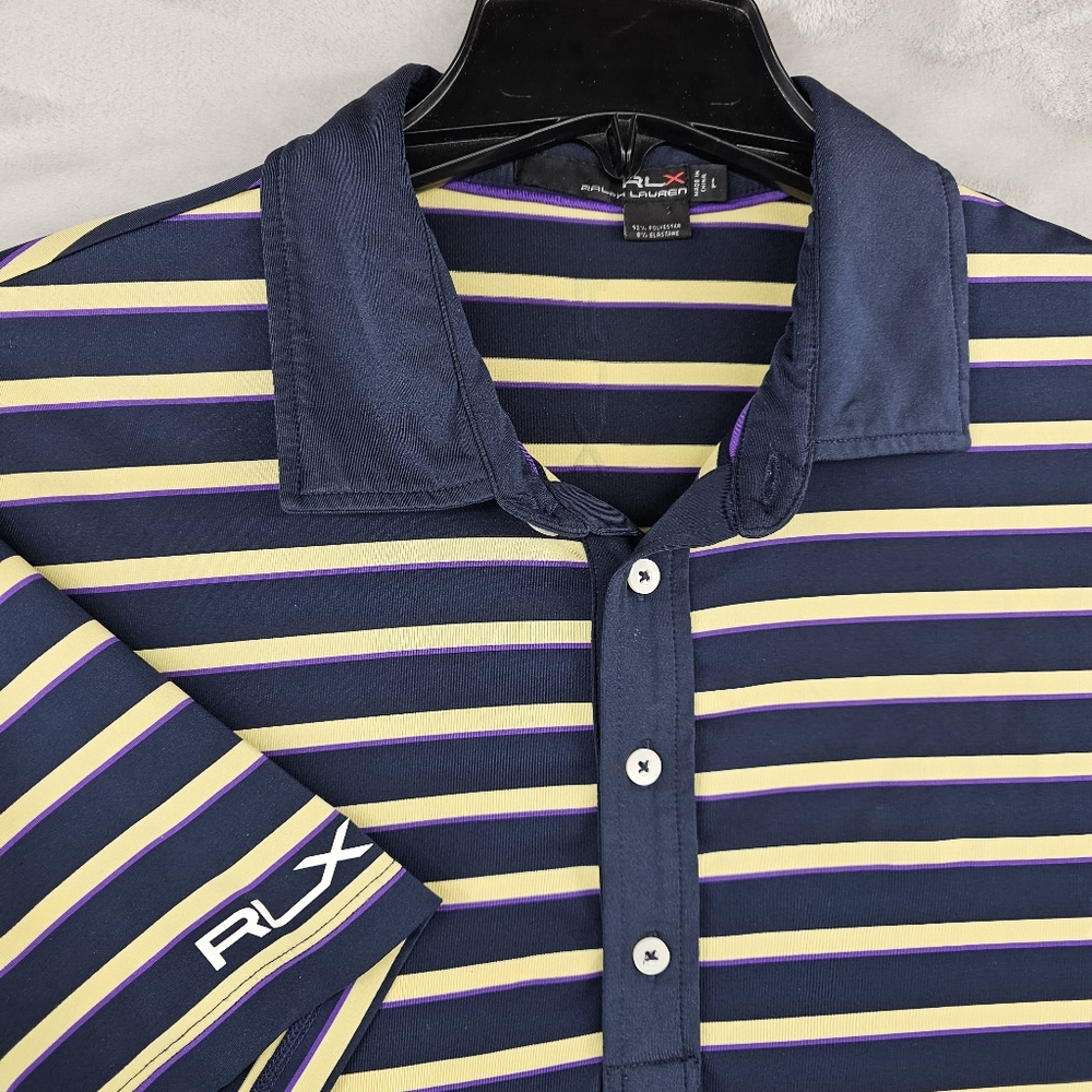 RLX Ralph Lauren Mens Large Performance Golf Polo Blue Yellow Polyester Wicking